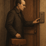 Illustration réaliste d’un homme en manteau sombre, tenant une mallette et appuyant sur un interphone devant une porte en bois, dans une ambiance mystérieuse et feutrée