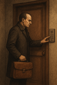 Illustration réaliste d’un homme en manteau sombre, tenant une mallette et appuyant sur un interphone devant une porte en bois, dans une ambiance mystérieuse et feutrée